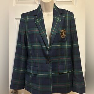 Lauren Ralph Lauren Plaid Blazer Jacket Crest Patch Size 6 Preppy